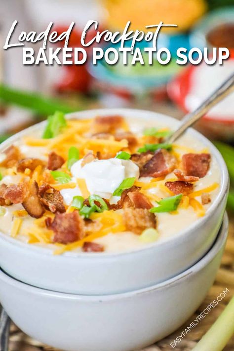 This loaded baked potato soup is made in the crockpot and THE BEST soup for cold weather! It is an easy slow cooker recipe for soup that is filling and delicious! Loaded with baked potatoes, broth, cheese, bacon, sour cream and chives, you get all the flavor of a loaded baked potato in this cozy soup recipe. It is the perfect fall or winter soup recipe but also great for football food that feeds a crowd. Make for a weeknight recipe, or set the crockpot potato soup up as a bar w all the ... Baked Potato Soup Crock Pot, Homemade Potato Soup, Baked Potato Soup Recipe, Winter Soup Recipe, Potato Soup Crock Pot, Loaded Potato Soup, Loaded Baked Potato, Loaded Baked Potato Soup, Baked Potato Soup