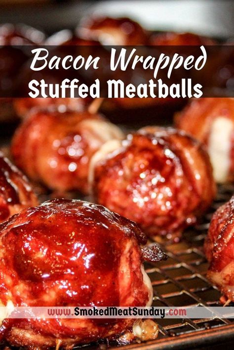 These BBQ meatballs are a great appetizer for tailgate parties and friends and family get-togethers. I love cheese, and I love bacon, and these have both! You can't go wrong :) Wrapped Meatballs, Smoked Meatballs, Bacon Wrapped Meatballs, Hasselback Chicken, Stuffed Meatballs, Game Day Appetizers, Meatball Recipe, Homemade Meatballs, Smoked Food