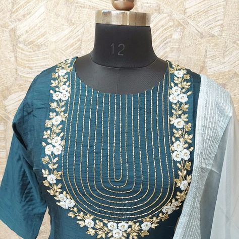 Rate : 1675/- Pure dola silk Kurti with heavy hand work on yoke and with organza dupatta size-40,42,44 Embroidery Patch Work Kurti Design, Neck Patch Work Kurti Design, Hand Work Kurti Designs Latest, Simple Handwork On Kurti, Patch Work Kurti Design, Latest Kurti Designs Pattern, Handwork Designs, Patiala Suit Designs, Silk Kurti Designs