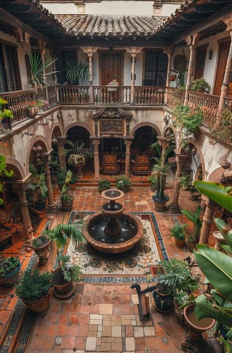 Latin House Aesthetic, House With Central Courtyard, Hacienda Style Homes Mexican Courtyard, Bloxburg Hacienda, Open Courtyard House, Spanish Architecture Hacienda Style, Acienda Designer, Hacienda Aesthetic, Spanish Courtyard House