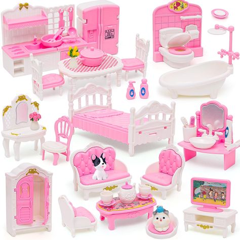 PRICES MAY VARY. ALL-IN-ONE FURNITURE SET: bathroom furniture includes 1 toilet, 1 bathtub, 1 toiletries set, 1 washbasin. Bedroom furniture includes 1 dressing table, 1 wardrobe, 1 chair and 1 bed. Living room furniture includes 1 sofa set, 1 table, 1 cushion, 1 TV stand, 1 tea set. Kitchen furniture includes 1 dining set, 1 cooker set, 1 hob and sink, 1 fridge, 1 dining table and 2 chairs. There is also a set of small potted plants and a pair of cute puppies to add fun to your dollhouse! ( FIT Play Bedroom, Kitchen For Kids, Dollhouse Furniture Sets, Bathtub Faucets, House Games, Mini Furniture, Christmas Pink, Small Potted Plants, House Accessories