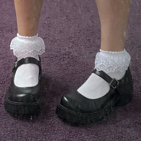 frilly socks and mary janes Frilly Socks With Heels, Lace Socks With Loafers, Frilly Socks And Loafers, Lace Socks Aesthetic, How To Draw Mary Janes Shoes, How To Draw Mary Janes, Mary Jane Socks, Mary Janes Drawing, Frilly Socks And Heels