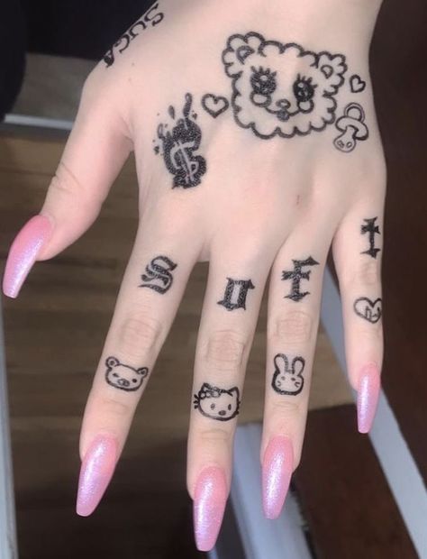 Sharpie Nails, Kitty Tattoos, Stick Poke Tattoo, Bear Tattoo Designs, Grunge Tattoo, Kawaii Tattoo, Nail Tattoo, Dainty Tattoos, Aesthetic Tattoo