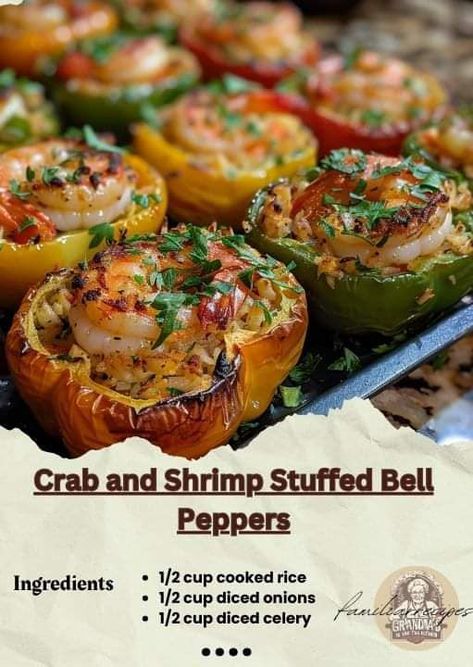 Ina Garten 🥧🍜 | Crab and Shrimp Stuffed Bell Peppers | Facebook Shrimp Stuffed Bell Peppers, Shrimp Stuffed Peppers, Cooking Crab, Crab And Shrimp, Shrimp Stuffed, Seafood Dish Recipes, Pescetarian Recipes, Delicious Seafood Recipes, Yummy Seafood