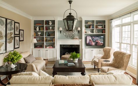 Family Room Before & After Stylish Bookshelves, Bookshelves Around Fireplace, Bookshelves Design, Fireplace Bookshelves, Fireplace Built Ins, Living Room Furniture Arrangement, Family Room Fireplace, Built In Cabinets, Family Room Design