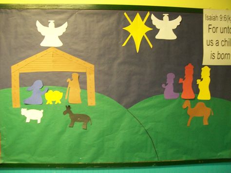 A nativity scene for two-year olds. Religious Bulletin Boards, Christmas Bulletin Boards, Christian Bulletin Boards, Christmas Bulletin Board, Preschool Bulletin, Church Bulletin Boards, Christmas Bulletin, Preschool Bulletin Boards, School Displays