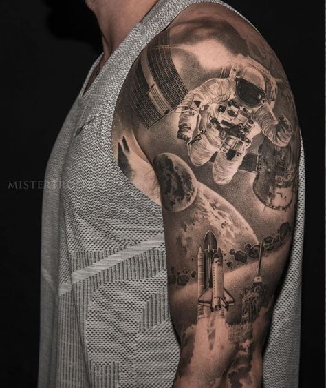 Astronaut Tattoo Men, Mars And Pluto Tattoo, Space Chest Tattoo, Space Black And Grey Tattoo, Space Sleeve, Space Tattoo Ideas For Men, Nasa Tattoo, Rocket Tattoo Design, Astronaut Tattoos For Men