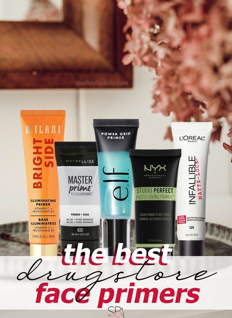 Find the best drugstore makeup primers for your makeup goals and skin type. | The Best Drugstore Primers for Every Makeup Goal & Skin Type | Slashed Beauty Face Primer For Dry Skin, Drugstore Makeup Brushes, Primer For Combination Skin, Best Drugstore Primer, Drugstore Primer, Best Face Primer, Primer For Dry Skin, Color Correcting Primer, Smashbox Photo Finish Primer