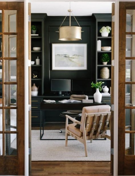 Office French Doors, Office With French Doors, Moody Office, Kitchen Pop, Wall Pop, Ultimate Garage, Garage Makeover, Dark Walls, Built In Bookcase