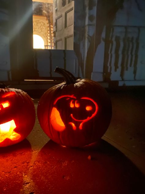 Pumpkin carved with snoopy design Pumpkin Cravings Easy, Charlie Brown Carved Pumpkin, Pumpkin Carving Inspo Cute, Vintage Pumpkin Carving Ideas, Pumpkins To Carve, Fish Jack O Lantern, Skeleton Jack O Lantern, Pumkin Carving Animal, Snoopy And Woodstock Pumpkin Carving