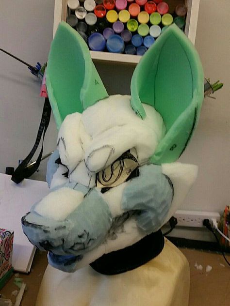 Fursuit head, grumpy foam base Teeth Drawings, Fursuit Ears, Fursuit Head Base, Wolf Fursuit, Fursuit Making, Base Head, Wolf Base, Foam Sculpture, Fursuit Ideas