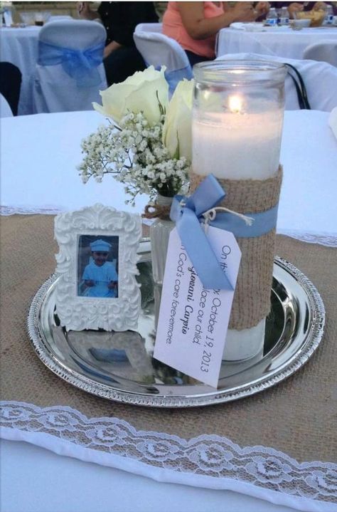 Baptism table center piece, not too fancy not too simple. Baptism Party Boy, Baptism Decorations Boy, Communion Centerpieces, Baptism Party Decorations, Confirmation Party, طفلة حديثة الولادة, Holy Communion Party, Baptism Centerpieces, Boys First Communion