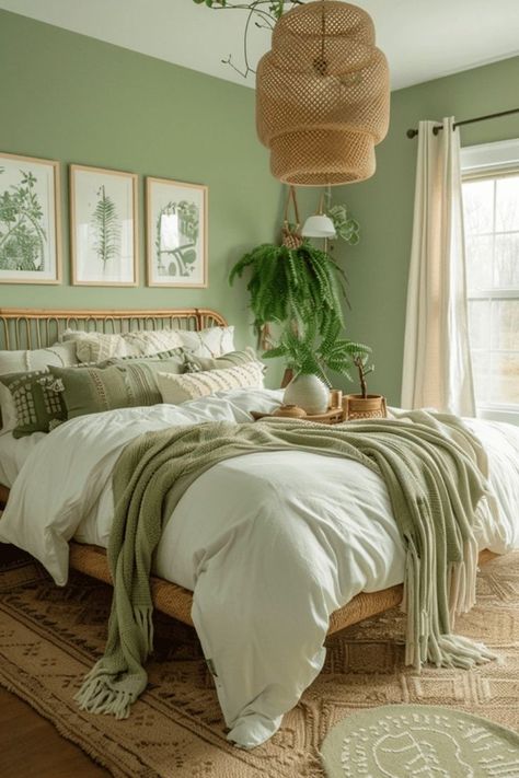 Aesthetic Bedroom Green, Modern Aesthetic Bedroom, Green Boho Bedroom Ideas, Sage Green Room Decor, Green Room Ideas Bedroom, Green Boho Bedroom, Room Decor Green, Sage Bedroom, Green Room Decor