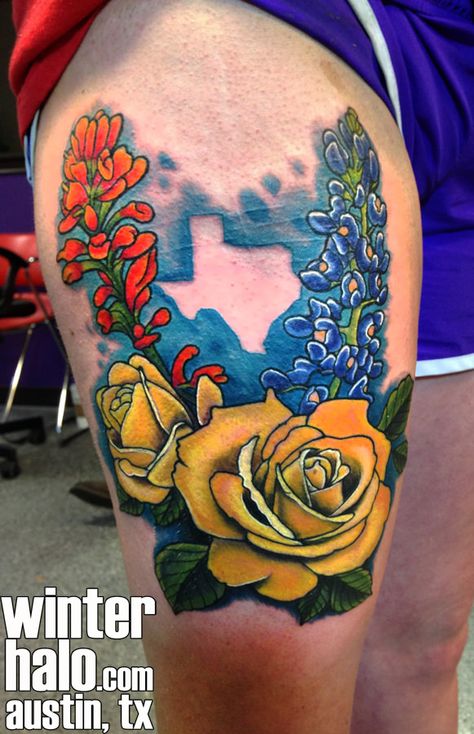 Realistic Texas flowers Illustration Tattoo by Christopher Hedlund Yellow rose roses bluebonnets blue bonnets indian paintbrush paintbrushes flowers wildflowers floral  tattoo tattoos best artist art illustration illustrator realistic realism drawing painting colorful   austin tx texas georgetown pflugerville round rock taylor san antonio san marcos Chris Rose Bud Tattoo, Bluebonnet Tattoo, Tattoo Clock, Texas Flowers, Tattoos Cross, Texas Tattoo, Austin Tattoo, Tattoo Letters, Tattoos Floral