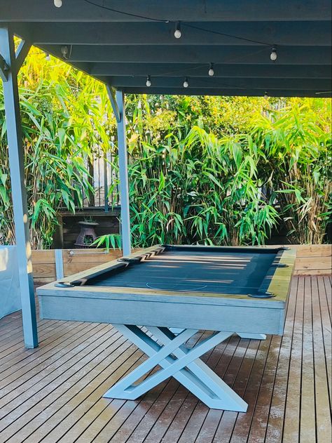 Another amazing outdoor pool table installation 🤤🤤🤤 Our range of outdoor slate dining/pool tables are the perfect way to spice up your outside entertainment area and utilise the space in an efficient matter. Coming in a range of sizes, styles and colours and having the best possible playing surface, our slate outdoor dining/pool tables will be the talking point of the whole family while also getting everyone involved in the fun. #trsports #luxury #slate #outdoor #pool #dining #table Outdoor Pool Dining Table, Outdoor Pool Table Ideas, Outdoor Playroom, Dining Pool Table, Slate Outdoor, Pool Dining Table, Table Installation, Pool Dining, Outdoor Pool Table