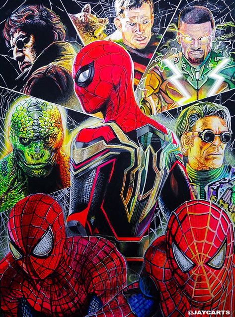 Drawing Spiderman No Way Home (Tobey, Andrew, Electro, Sandman, Dr.Octopus, Lizard, Green Goblin). Tools: Drawing paper 165gsm: Paper Size: 273mm x 375mm colored pencil (Derwent Academy) Kuretake Zig Clean Color Real Brush Pen Opaque createx airbrush colors White marker Pen. Time: 32h Spiderman No Way Home Drawing, Green Goblin Drawing, Drawing Spiderman, Draw Spider, Drawing Spider, Dr Octopus, Marvel Art Drawings, Spiderman No Way Home, Superhero Facts