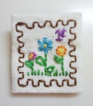 Postage stamp badge. Stamp Embroidery, Postage Stamps Crafts, Postcard Stamps, Stitch Book, Fabric Embroidery, Slow Stitching, Stamp Crafts, Needle Work, Postage Stamp