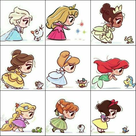 Disney Princess Cartoon Drawings, Chibi Disney Drawings, Disney Princess Cute Drawing, Disney Chibi Characters, Mini Disney Drawings, Easy Disney Doodles, Cute Princess Drawing, Small Disney Characters, Frozen Doodles