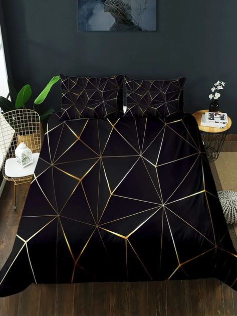 Geometric Pattern Duvet Cover Set Without Filler | SHEIN USA Bad Sheets Design, Bedsheet Pattern, Bed Sheet Design, Marble Bed, Black Gold Bedroom, Printed Bedsheets, Marble Room, Designer Bed Sheets, Gold Sheets