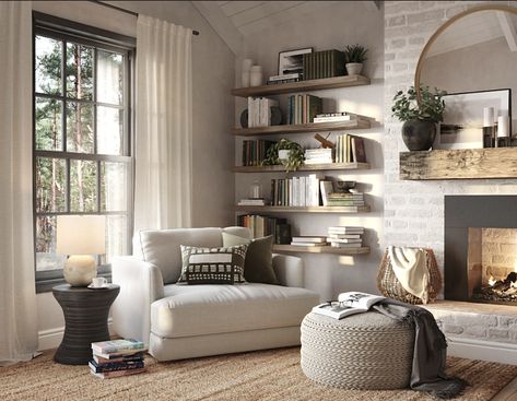 Library Sitting Room Cozy, Cozy Living Room Ottoman, Upstairs Reading Nook, Reading Corner Ideas For Adults, Small Home Libraries, Mesa Living, Cozy Reading Room, Bookshelves Aesthetic, Reading Room Design