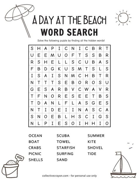 A day at the Beach Word Search Beach Word Search, Substitute Binder, Beach Words, Fun Worksheets For Kids, Summer Worksheets, Saving Challenges, English Teaching Materials, Hidden Words, Word Search Puzzles