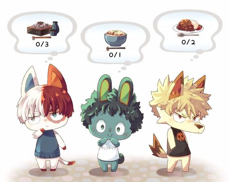 [Cat] Todoroki Shouto & [Rabbit] Midoriya Izuku & [Wolf] Bakugou Katsuki Mha Animal Crossing, My Hero Academia Bakugou, City Folk, Steven Universe Gem, Animal Crossing Villagers, Big Three, Cartoon Crossovers, Pac Man, Anime Cat