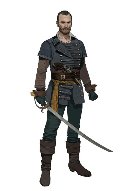 Human Sword and Pistol Fighter Gunslinger - Pathfinder PFRPG DND D&D d20 fantasy Privateer Character, Ship Captain Character Design, Pirate Designs, Brian Matyas, Pirate Concept, Pirate Design, Arte Steampunk, Pirate Art, Jolly Roger