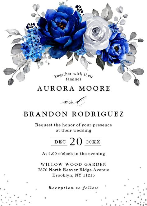 Royal Blue White Silver Metallic Floral Wedding In Invitation Royal Blue Wedding Invitations, Burnt Orange Wedding, Orange Wedding Invitations, Burnt Orange Weddings, Unique Monogram, Elegant Bouquet, Royal Blue Wedding, Silver Theme, White Wedding Invitations