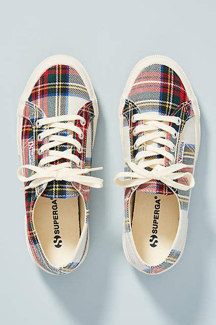 Superga Tartan Sneakers. #tartan #ad Upcycle Shoes, Plaid Sneakers, Tartan Accessories, Plaid Shoes, Gold Sneakers, Over 50 Womens Fashion, Nautical Fashion, Leather Shoes Woman, Pink Suede