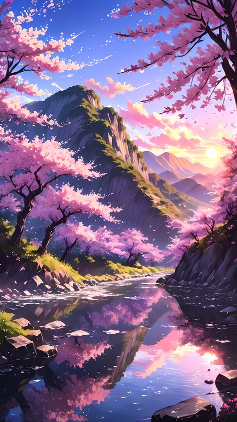 sakura trees, anime wallpaper, wallpaper hd, phone wallpaper, anime aesthetic, mountains, river, pink aesthetic, anime landscape, phone background, studio ghibli Pretty Anime Wallpapers Aesthetic, Lofi Japan Wallpaper, Anime Tree Wallpaper, Anime Wallpapers Landscapes, Lofi Aesthetic Mountain, Demon Slayer Background Landscape, Sakura Trees Anime, Anime Mountain Background, Anime Nature Wallpaper Hd