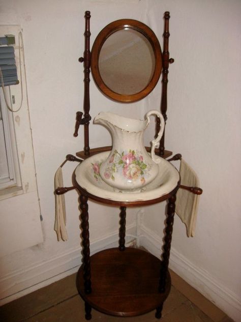 Item # 13 -- Partial Contents Of Spare Bedroom Inc. Walnut Wash Stand W/Bowl And Pitcher Set Cottages À La Campagne, Space Savers Bedroom, Antique Wash Basin, Antique Wash Stand, Antique Jug, Fine China Dinnerware, Wicker Hamper, Wash Stand, Pitcher Set