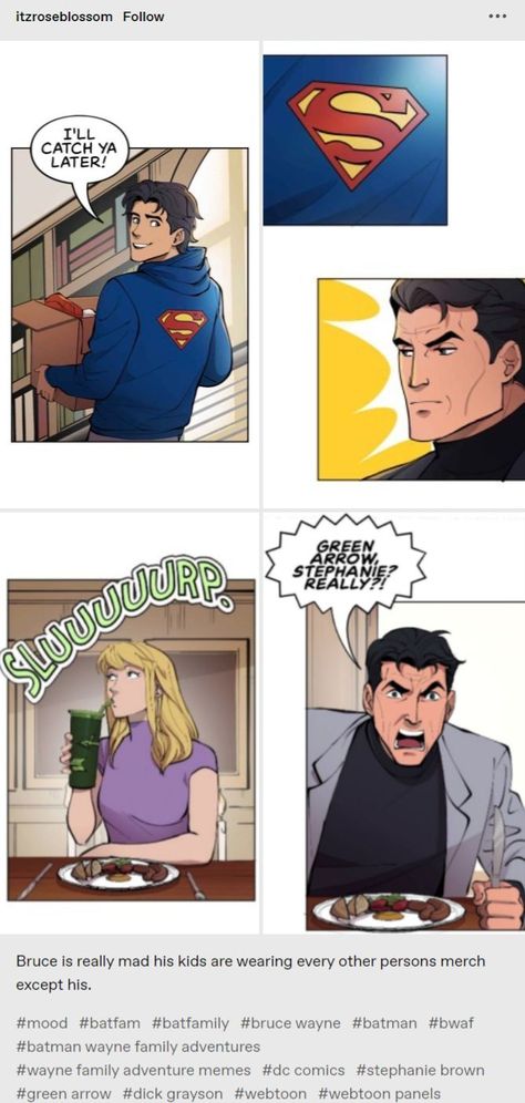 Batfamily Webtoon, Wayne Family Adventures, Young Justice Robin, Superhero Texts, Batfamily Funny, Wayne Family, Batman Funny, Batman Comic Art, Dc Memes