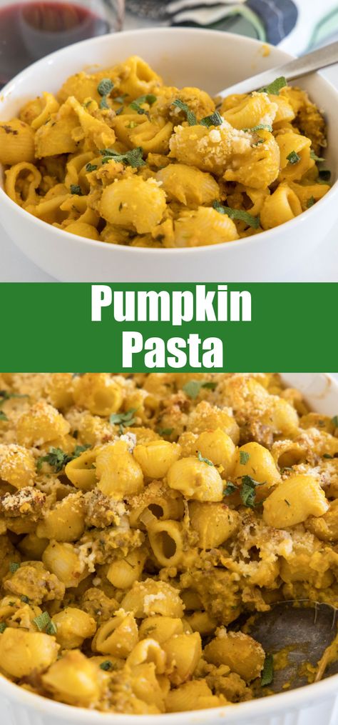 Creamy Pumpkin Pasta with sausage is a savory baked pasta topped with Parmesan cheese. Easy to make and perfect for a chilly fall night. Pumpkin Pasta With Sage Butter, Pumpkin Sage Pasta Sauce, Vegan Pumpkin Sage Pasta, Pumpkin Sage Sausage Pasta, Sage Pumpkin Pasta, Vegan Pumpkin Pasta Recipes, Pumpkin And Sage Pasta, Pumpkin Shaped Pasta Recipes, Roasted Pumpkin Recipes Dinners