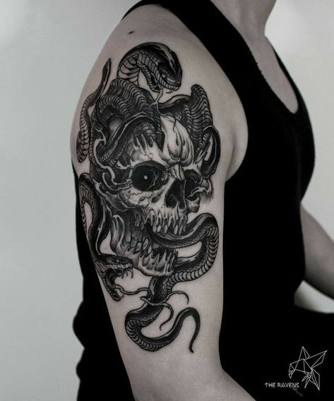 Satanic Tattoos, Tattoo Catalog, Skull Sleeve Tattoos, Snake Tattoo Design, Skeleton Hand Tattoo, Back Tattoos For Guys, Creepy Tattoos, Geniale Tattoos, Tattoo Style Drawings