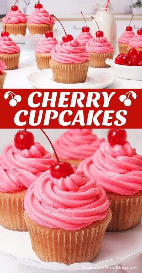 These vibrant cherry cupcakes are infused with real cherries in both the batter and the frosting, so every bite is bursting with cherry flavor! This is the perfect Valentine's Day dessert! This easy recipe starts with your favorite classic cupcake recipe and incorporates Maraschino cherries in every bite! Cherry Cupcakes Recipes, Cherry Cupcakes, Frosting Techniques, Homemade Cupcakes, Homemade Frosting, Valentines Cupcakes, How To Make Cupcakes, Natural Food Coloring, Amazing Desserts