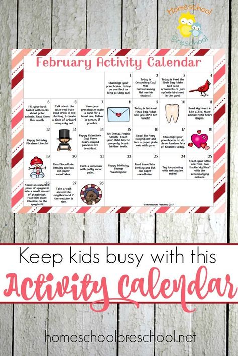 Keep tots and preschoolers entertained all February long with this free Activity Calendar for little ones! | http://homeschoolpreschool.net February Calendar For Preschool, February Weekly Themes For Preschool, Prek February Themes, February Themes For Kindergarten, February Lesson Plan Themes, February Learning Activities For Preschool, Fun February Activities For Kids, Monthly Activities Calendar, February Themes For School