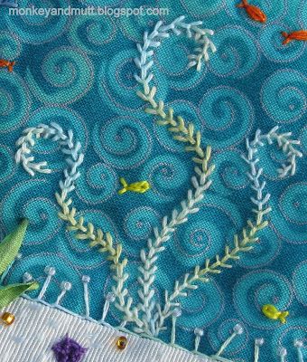 Textural Art, Embroidery Water, Sunny Rain, Mermaid Inspiration, Historical Embroidery, Nautical Embroidery, Fly Stitch, Hand Ideas, Fish Underwater