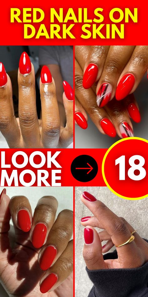 Red Round Nails Design, Red Nail Designs Almond Shape, Almond Shaped Red Nails, Round Red Nails, Red Nails On Dark Skin, Almond Nails Black Women, Red Nail Polish Designs, Nails On Dark Skin, Red Almond Nails