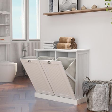 Double Tilt Out Trash Cabinet White Free Standing Laundry Sorter Cabinet with Removable Two-Compartment Tilt-Out Hamper Clothes Basket Laundry Hamper Diy, Tilt Out Trash Can Cabinet, Tilt Out Trash Can, Tilt Out Trash Cabinet, Tilt Out Hamper, Hamper Diy, Can Cabinet, Trash Cabinet, Hidden Laundry