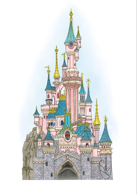 Watercolour painting of Cinderella’s Disney castle Disney Castle Sketch, Castle Line Drawing, Château Disney, Disney Castle Drawing, Watercolour Buildings, Rapunzel Video, Chateau Disney, Castle Sketch, Disneyland Parks