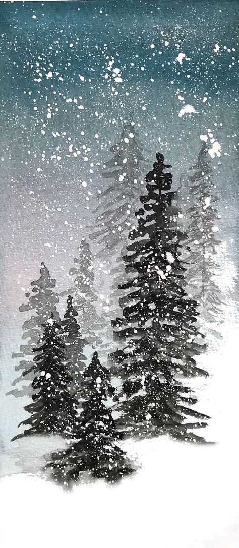 Watercolor Snow Paintings, Snowy Forest Watercolor, Snow Painting Watercolor, Farmhouse Christmas Painting, Watercolour Snow Scenes Winter Landscape, Winter Pine Trees Painting, Snow Watercolor Paintings, Winter Forest Drawing, Winter Forest Watercolor