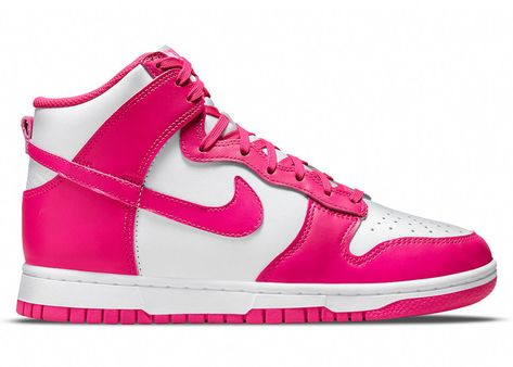 Women's Nike Dunk High Sneakers in White/Pink Prime. Dunk High Pink Prime, Nike Rosa, Buty Marki Nike, Boty Nike, Nike Dunk High, Dunk High, Nike Sb Dunk, Pink Nikes, Liner Socks