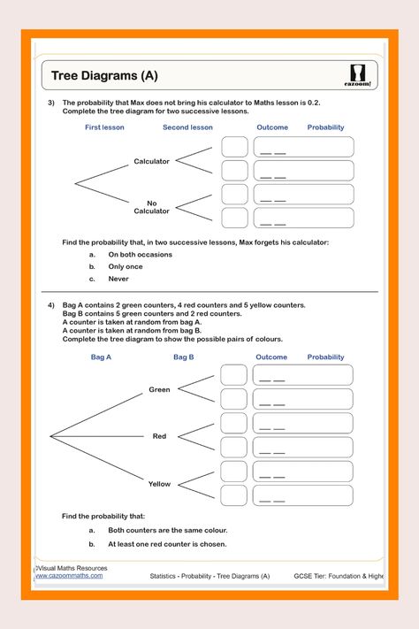 Probability Tree Diagrams: Year 10 Worksheet Probability Math, Probability Worksheets, Tree Diagram, Maths Worksheets, Diy Hair Accessories Ribbon, Gcse Math, Printable Math Worksheets, Make Learning Fun, 10th Grade