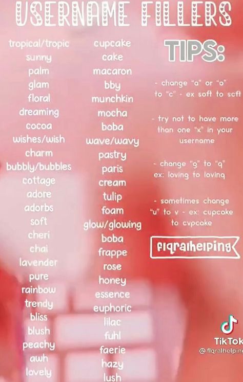 Aesthetic Names For Roblox Accounts, User Fillers For Fanpages, Tips Account Pfp, Roblox Tiktok Username Ideas, Cute Kawaii Username Ideas, Preppy Names For Tiktok Username, Username Ideas For Fanpage, Username Fillers For Fanpages, Preppy Name Pfp