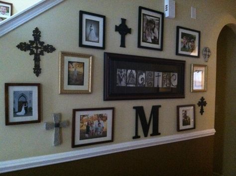 My new entryway hall. Favorite part is our last name made from architectural photos that resemble the letters and include crosses for t that ties the wall together. Rock Stacking, Architectural Photos, Cross Ideas, Entryway Hall, Photo Walls, Cross Wall, Wall Cross, Hallway Decor, Wall Crosses