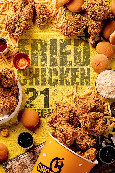 Fried Chicken Shop Design, Fried Chicken Poster Design, Fried Chicken Photography Styling, Fried Chicken Menu Design, Fried Chicken Restaurant Design, Chicken Poster Design, Fried Chicken Ads, Fried Chicken Branding, Fried Chicken Aesthetic