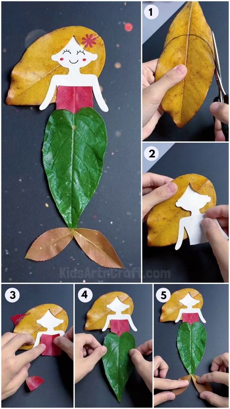 Easy Leaf Art and Craft Step by Step Tutorial For Kids Check more at https://www.kidsartncraft.com/leaf-art-craft-tutorial/ Leaf Fish Craft, Leaf Fairy Craft, Leaf People Craft For Kids, Leaf Crafts Kids, Crafts Thanksgiving, Explorers Activities, Fall Arts And Crafts, Mermaid Crafts, Thanksgiving Crafts For Kids