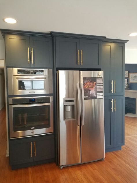 Kitchen Ideas Refrigerator Placement, Fridge Stove Same Wall, Kitchen Cabinet Color Ideas With Stainless Steel Appliances, Double Oven Next To Fridge, Fridge With Pantry Surround, Freezer In Kitchen, Kichen Cabinate Design, Rectangle Kitchen Layout, Wood Countertops Kitchen Island