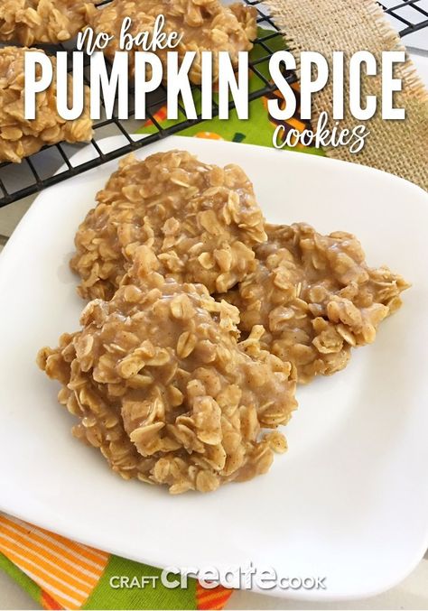 Get a fast pumpkin fix with these amazing Pumpkin Spice No Bake Cookies! These cookies are perfect for a Halloween or Thanksgiving treat! You will love the pumpkin flavor! #craftcreatecook #recipes #pumpkincookies #nobake #dessert #cookies #pumpkinrecipes Pumpkin Spice No Bake Cookies With Pudding, Pumpkin Spice No Bake Cookies, Pumpkin Spice Cookies Recipe, Pumpkin No Bake Cookies, Spice Cookies Recipe, No Bake Cookies Recipe, No Bake Pumpkin, Pumpkin Cookie Recipe, Perfect Cookies