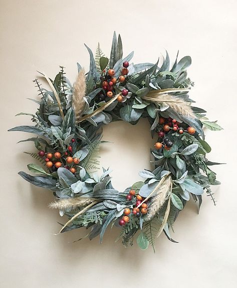 Eucalyptus Lambs Ear Wreath With Berries and Pampas Gras | Etsy January Wreath Ideas, January Wreath, Xmas Decorations Diy, Kitchen Wreath, Fall Decor Wreaths, Front Door Wreaths, Lambs Ear Wreath, All Season Wreath, Seasonal Wreaths